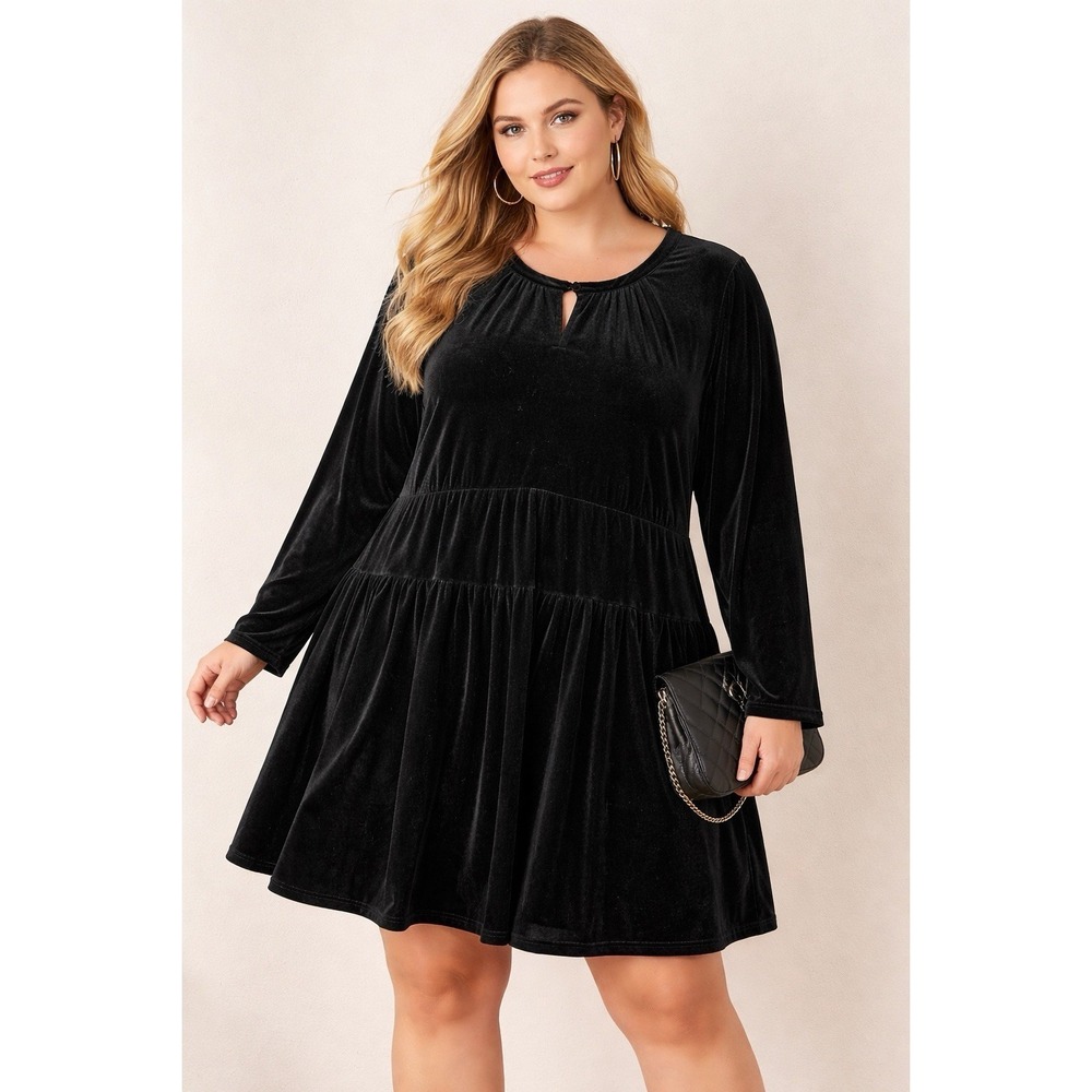 Terra & Sky 3X Black Velvet‎ Dress Long Sleeve Tiered Keyhole Plus Size